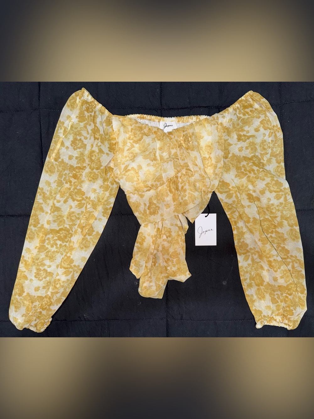 NWT. Japna Yellow Floral Off-Shoulder Tie-Front Cropped Blouse